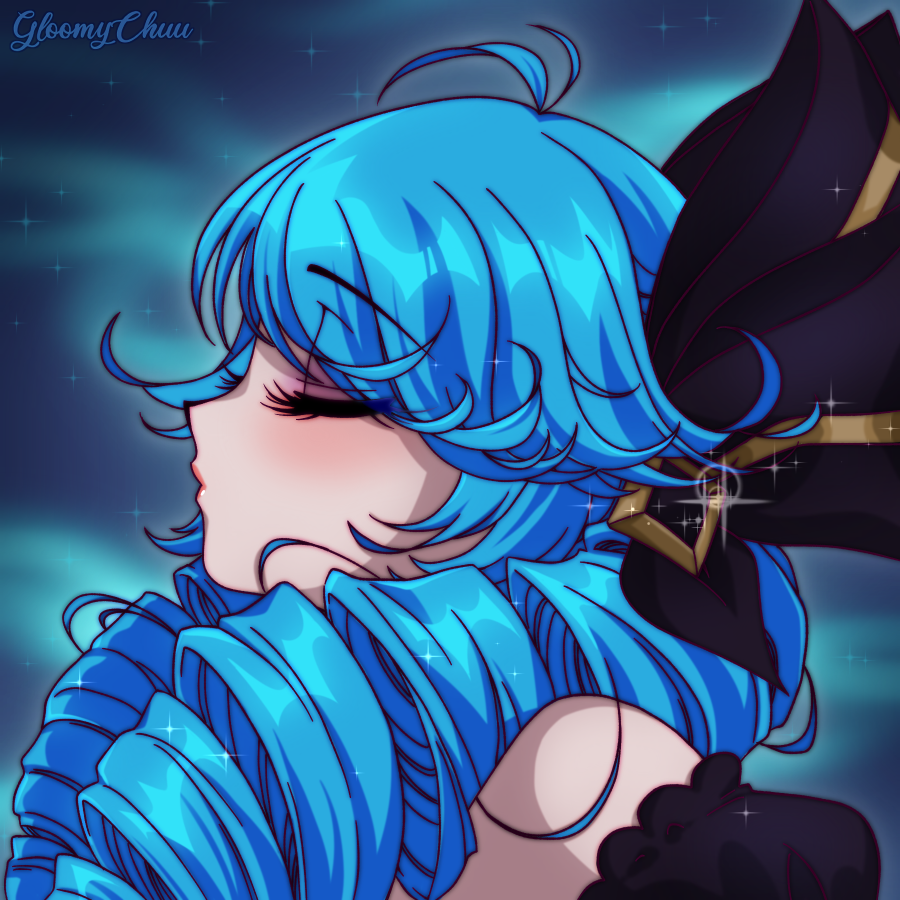 1990s_(style), 1girl, antenna_hair, artist_name, bangs, bare_shoulders, black_bow, bow, closed_eyes, drill_hair, eyebrows_visible_through_hair, gwen_(league_of_legends), hair_bow, league_of_legends, long_hair, mroczniak_(gloomy_chuu), puffy_short_sleeves, puffy_sleeves, retro_artstyle, shiny, shiny_hair, short_sleeves, sparkle, twin_drills, twintails