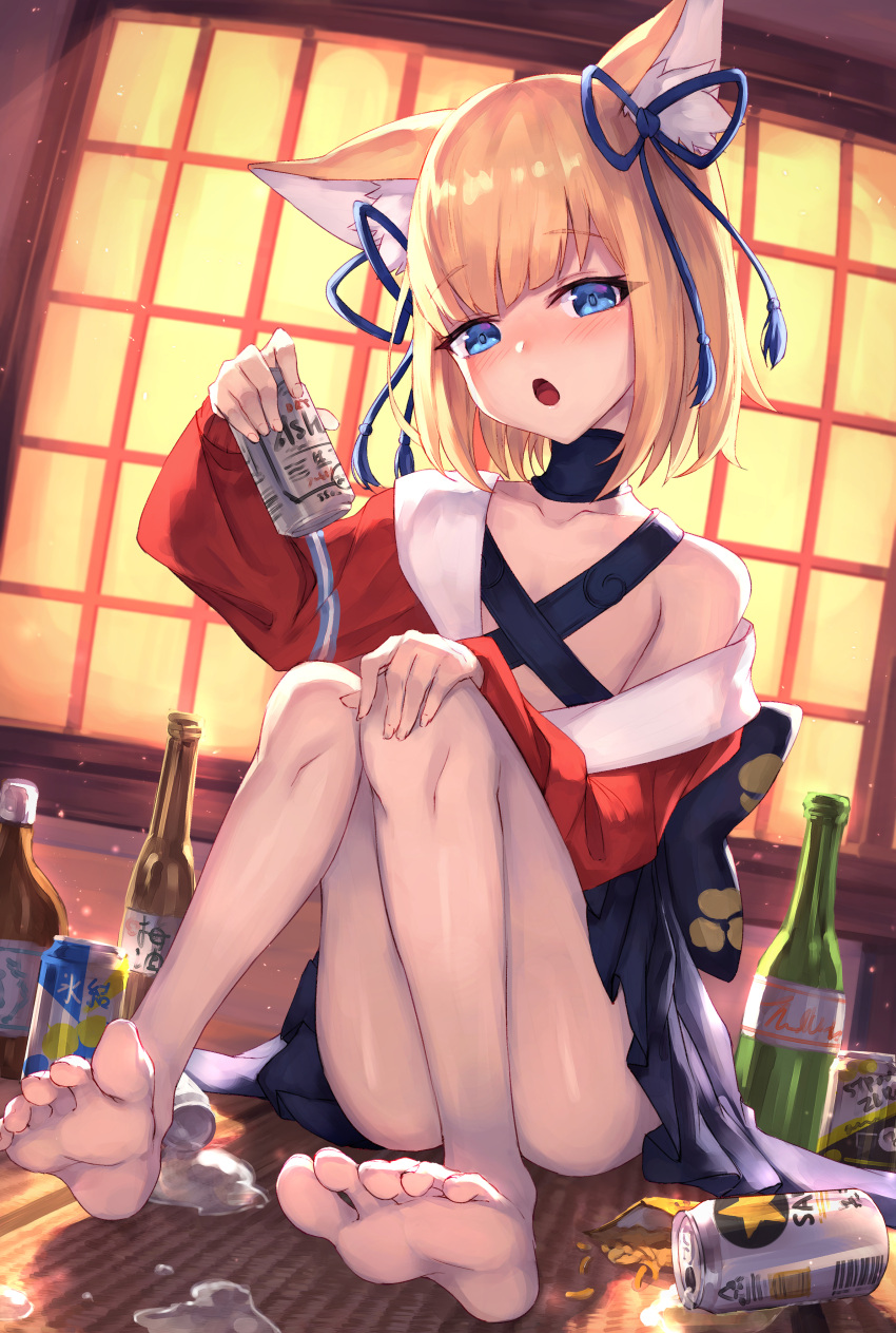1girl, absurdres, animal_ear_fluff, animal_ears, ass, bangs, bare_shoulders, barefoot, black_choker, blonde_hair, blue_bow, blue_eyes, blunt_bangs, blush, bottle, bottomless, bow, can, character_request, choker, collarbone, convenient_leg, eyebrows_visible_through_hair, eyes_visible_through_hair, feet, full_body, hair_bow, hand_on_own_knee, hand_up, highres, holding, holding_can, indoors, japanese_clothes, kimono, kimono_dress, knees_together_feet_apart, looking_at_object, masaki_(msk064), medium_hair, on_floor, open_mouth, red_kimono, shiny, shiny_hair, sitting, snack, soles, solo, tatami, toes, vgaming, virtual_youtuber