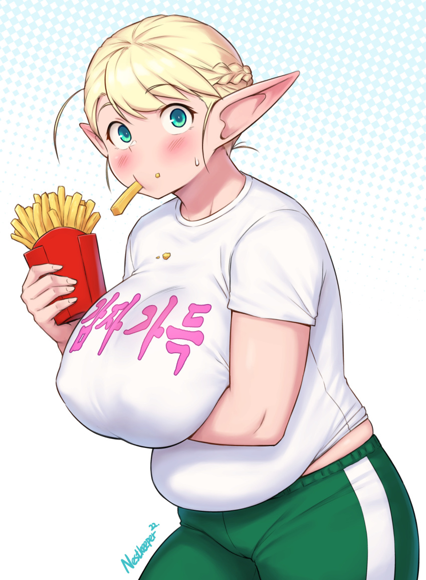 1girl, absurdres, artist_name, blonde_hair, breasts, clothes_writing, commentary, elf