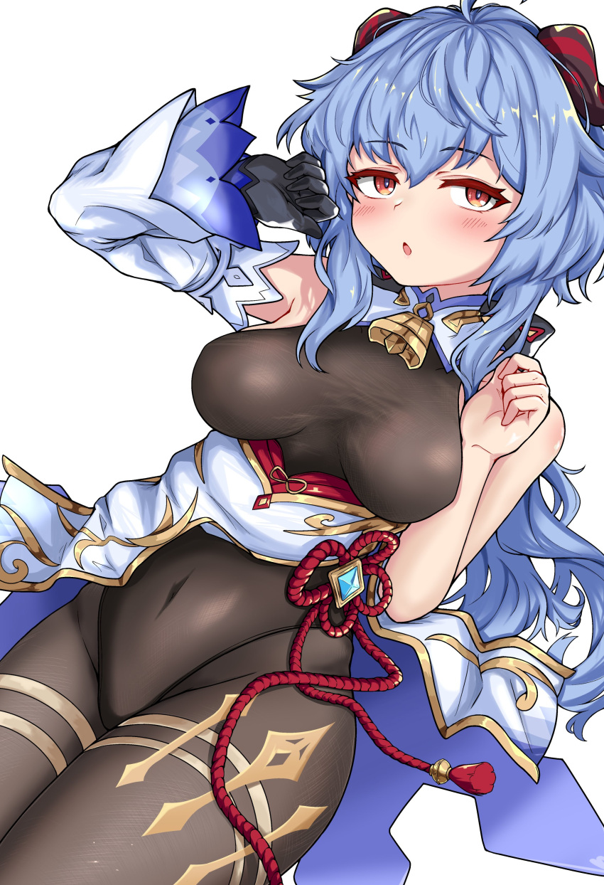 :o, absurdres, bangs, bell, black_gloves, black_legwear, black_leotard, blue_hair, blush, bodystocking, bodysuit, breasts, breasts_apart, chinese_knot, commission, covered_navel, crotch, detached_sleeves, eyebrows_visible_through_hair, flower_knot, ganyu_(genshin_impact), genshin_impact, gloves, gold_trim, highres, horns, leotard, leotard_under_clothes, long_hair, looking_at_viewer, lying, medium_breasts, multicolored_eyes, neck_bell, on_back, open_mouth, pelvic_curtain, raldest, red_rope, rope, sidelocks, single_glove, single_sleeve, skeb_commission, solo, tassel, thighlet, vision_(genshin_impact), white_background, white_sleeves