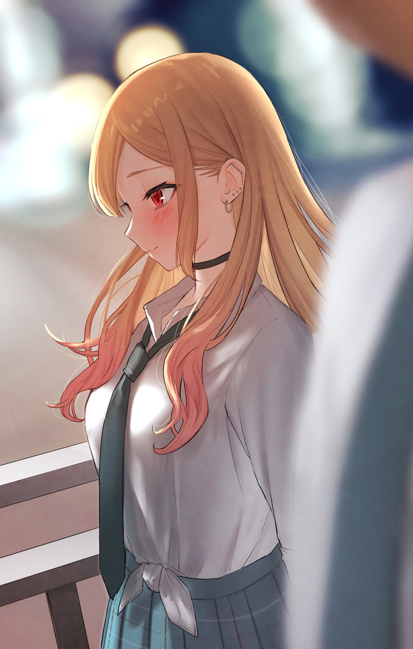 1boy, 1girl, black_choker, black_necktie, blonde_hair, blue_skirt, blurry, blurry_background