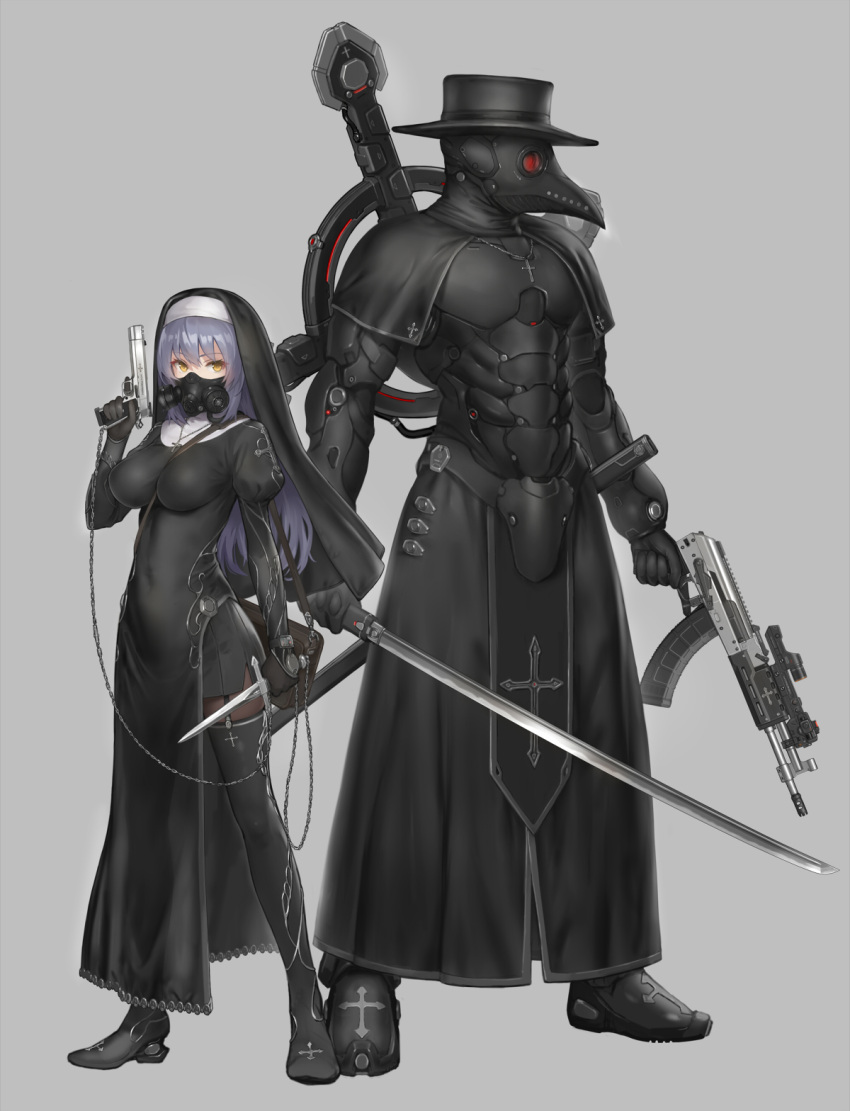 1boy, 1girl, armor, assault_rifle, bag, black_dress, black_footwear, black_gloves, black_headwear, black_robe, breasts, capelet, chain, commentary_request, covered_navel, cross, cross_necklace, cross_print, dagger, dress, garter_straps, gas_mask, gloves, grey_background, gun, habit, handgun, hat, height_difference, highres, hiyashiru, holding, holding_dagger, holding_gun, holding_sword, holding_weapon, impossible_clothes, jewelry, juliet_sleeves, katana, knife, large_breasts, long_sleeves, looking_at_viewer, looking_to_the_side, magazine_(weapon), mask, necklace, nun, original, plague_doctor, plague_doctor_mask, puffy_sleeves, purple_hair, respirator, rifle, shoulder_bag, side_slit, skin_tight, standing, sword, thigh-highs, trigger_discipline, unsheathed, weapon, weapon_request, yellow_eyes
