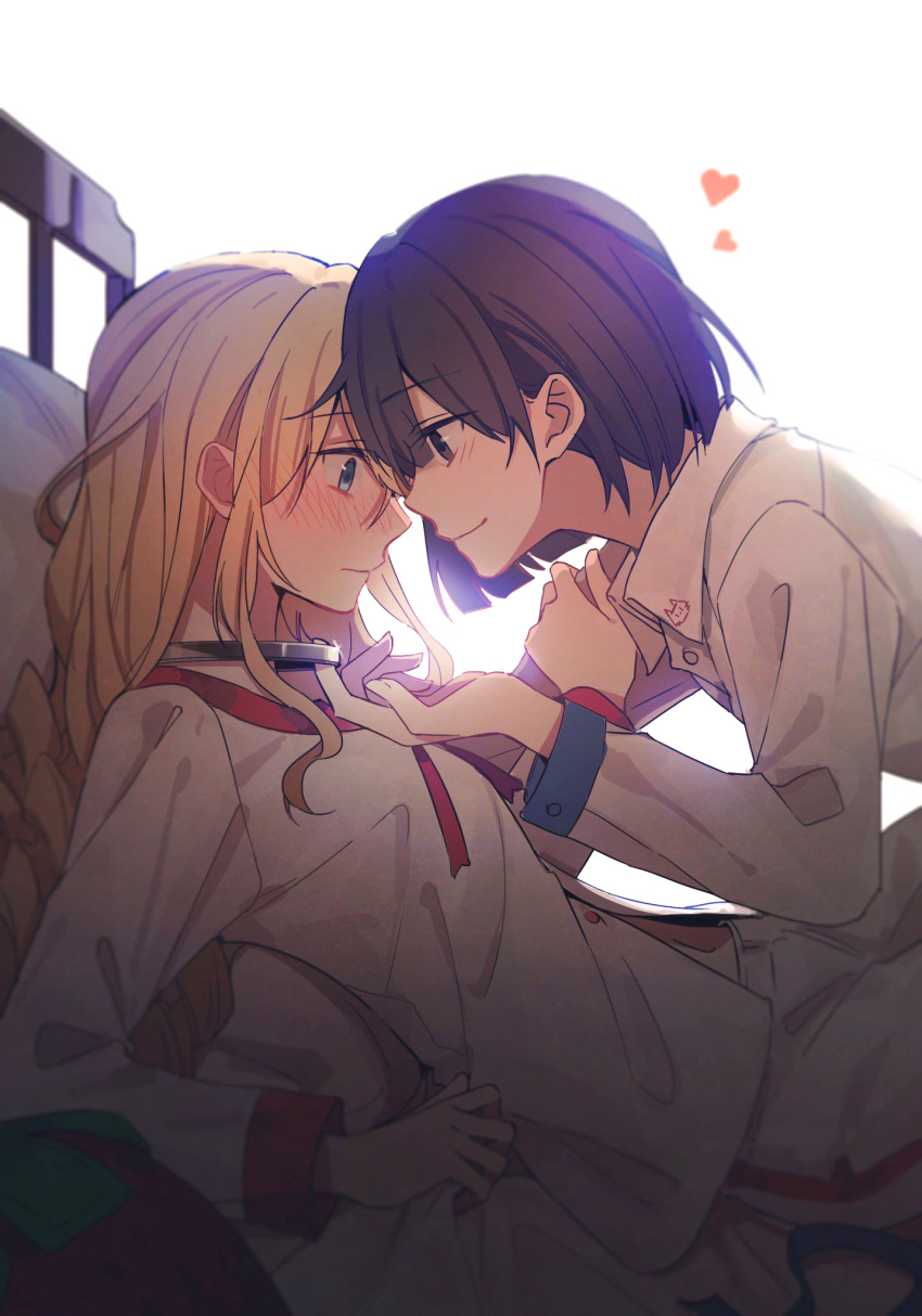 2girls, blonde_hair, blue_eyes, blush, brown_eyes, brown_hair, claire_francois, closed_mouth