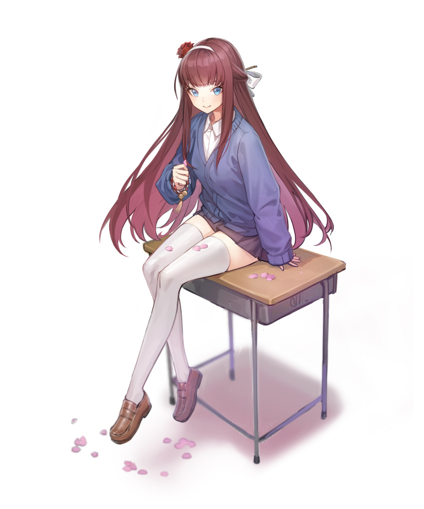 1girl, absurdres, aqua_eyes, bangs, cardigan, closed_mouth, collared_shirt, controlline3, counter:side, desk, flower, hair_flower, hair_ornament, hair_ribbon, hair_stick, hairband, hand_up, highres, holding, loafers, long_hair, looking_at_viewer, nanahara_chinatsu, on_desk, petals, redhead, ribbon, school_desk, school_uniform, shirt, shoes, sidelocks, simple_background, sitting, smile, solo, thigh-highs, white_background, white_legwear
