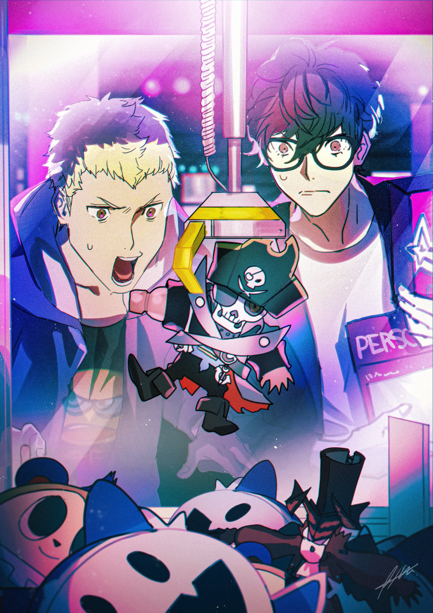 2boys, absurdres, arsene_(persona_5), bangs, black_hair, blonde_hair, btmr_game, captain_kidd_(persona), closed_mouth, commentary_request, crane_game, glasses, highres, jack_frost, jacket, kuma_(persona_4), male_focus, multiple_boys, open_clothes, open_jacket, open_mouth, persona, persona_4, persona_5, red_eyes, sakamoto_ryuuji, shin_megami_tensei, shirt, signature, stuffed_toy, sweat, t-shirt