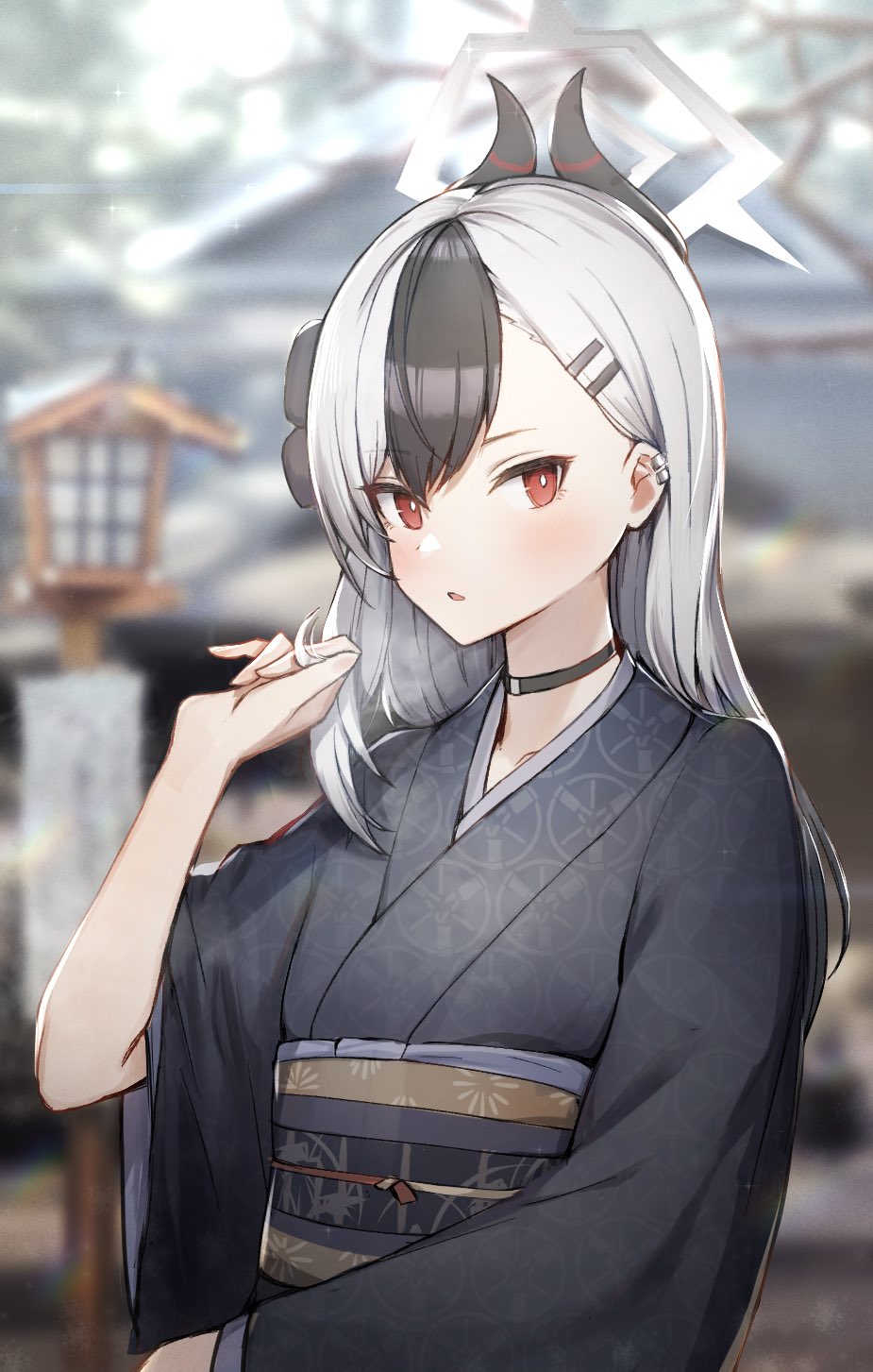 1girl, bangs, black_hair, blue_archive, blurry, blurry_background, choker, hair_ornament