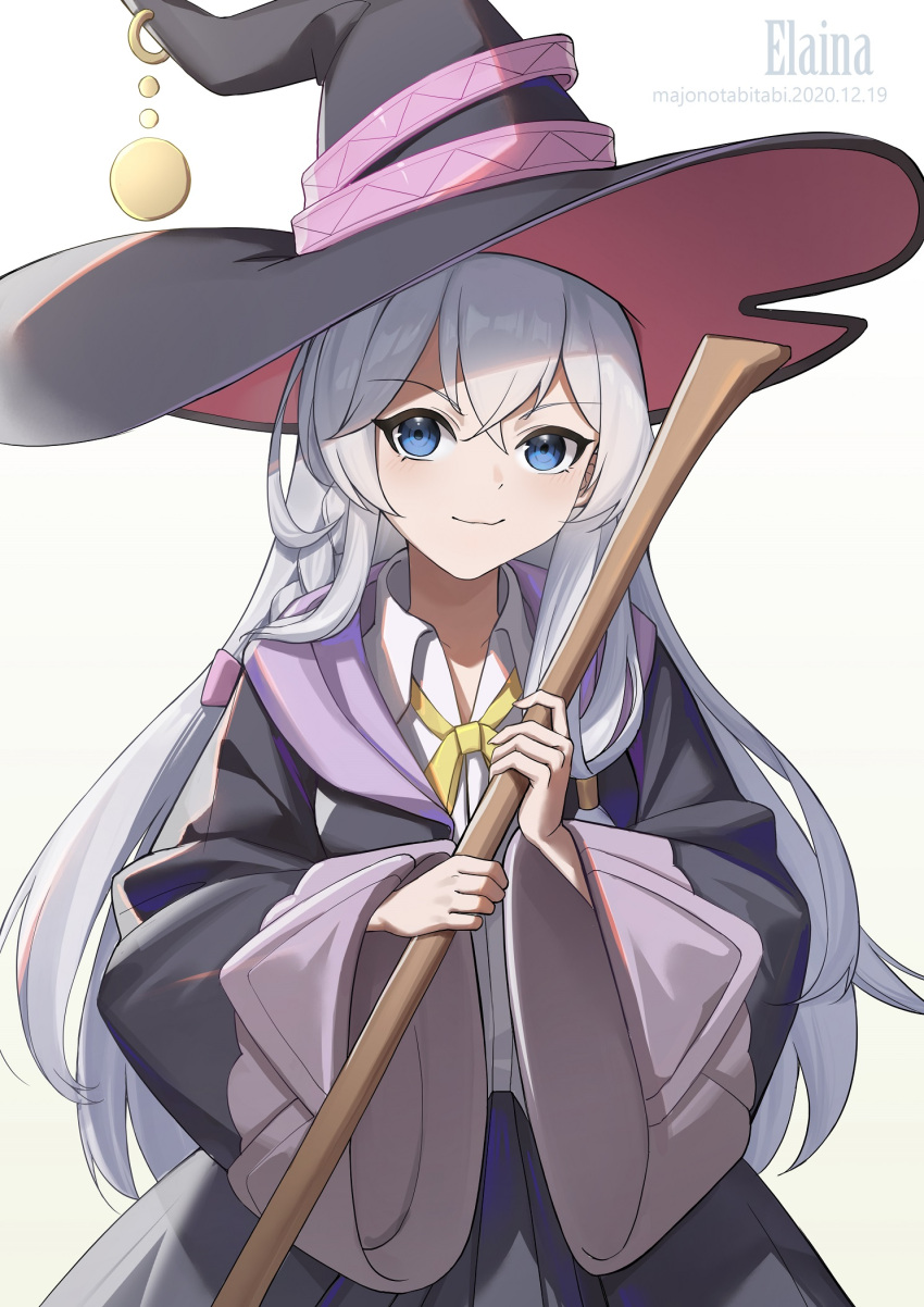 1girl, bangs, black_headwear, black_robe, blue_eyes, broom, character_name, chinese_commentary