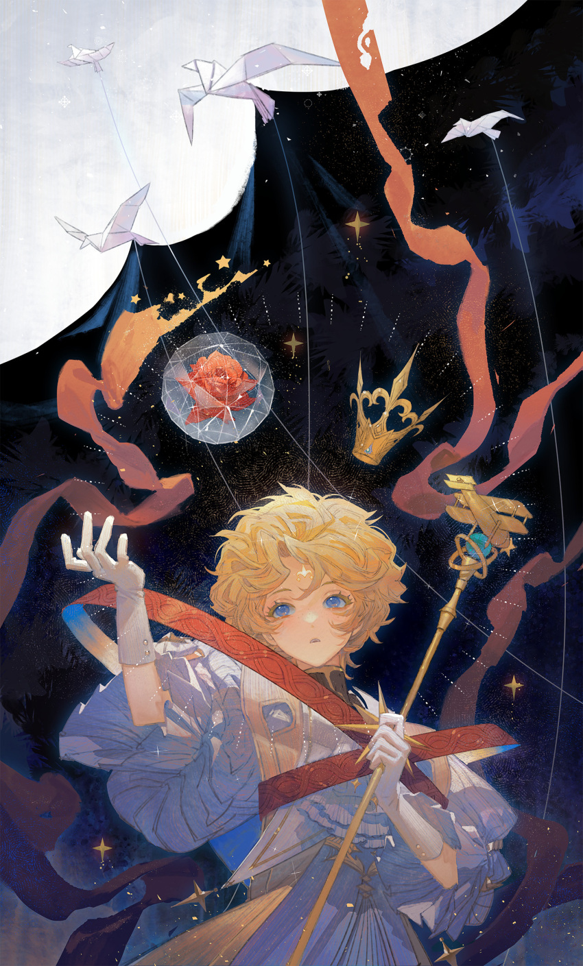 1boy, absurdres, bangs, blonde_hair, blue_eyes, cowboy_shot, crown, dress, english_commentary, facial_mark, flower, forehead_mark, forehead_tattoo, frilled_sleeves, frills, gloves, hand_up, highres, holding, holding_staff, juliet_sleeves, krusier, long_sleeves, looking_away, male_focus, masterwork_apocalypse, official_art, origami, parted_bangs, parted_lips, prince_(masterwork_apocalypse), promotional_art, puffy_sleeves, red_flower, red_ribbon, ribbon, short_hair, solo, staff, star_(symbol), teeth, turtleneck, upper_teeth, white_dress, white_gloves