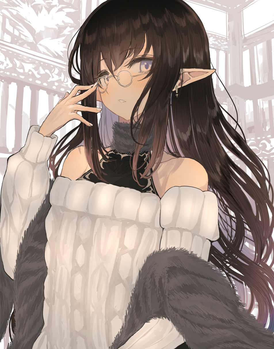 1girl, bangs, bare_shoulders, breasts, brown_hair, elf, glasses, grey_eyes, highres, hinomaru_(futagun), long_hair, long_sleeves, looking_at_viewer, medium_breasts, off-shoulder_sweater, off_shoulder, original, pointy_ears, ribbed_sweater, solo, sweater, white_sweater