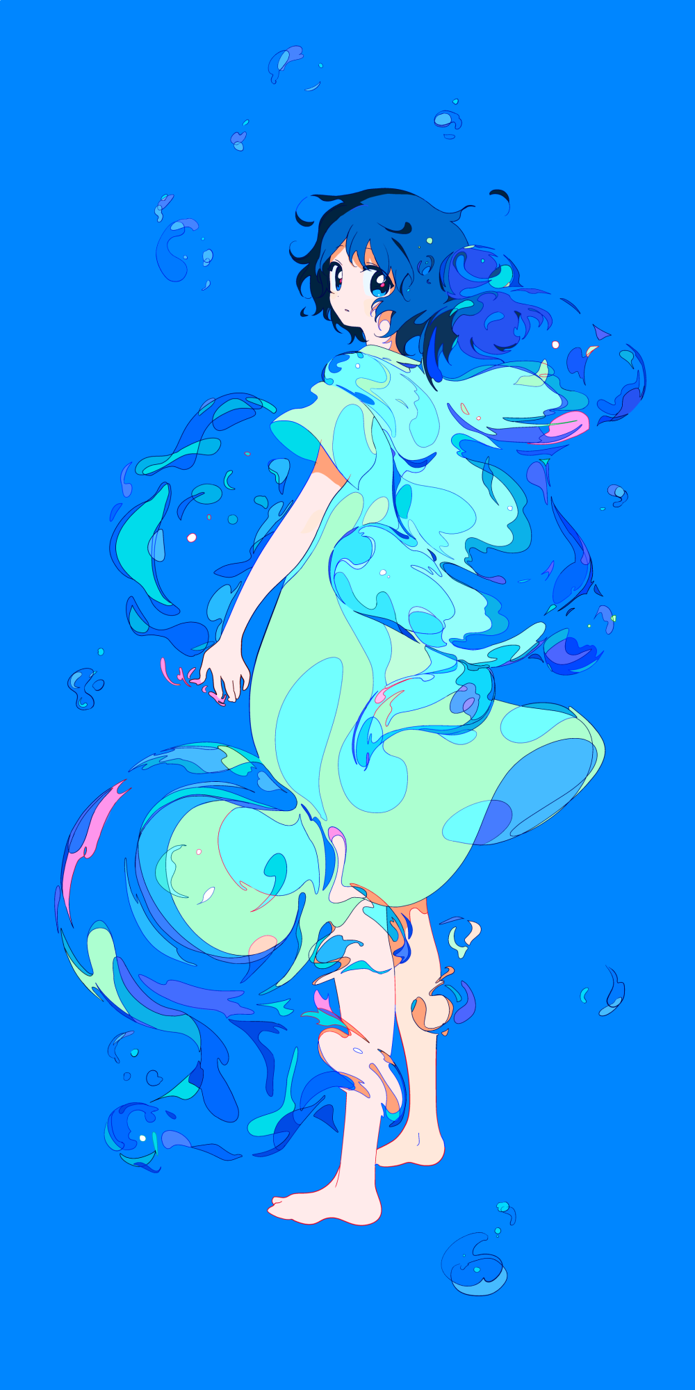 1girl, bangs, barefoot, blue_background, blue_eyes, blue_hair, blue_theme, bubble