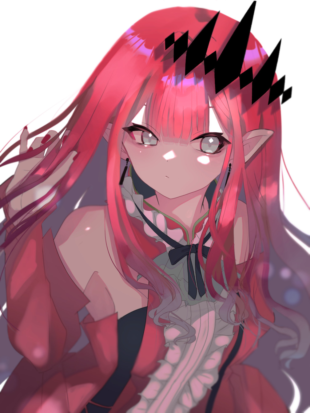 1girl, annyu, bangs, bare_shoulders, breasts, center_frills, detached_collar, detached_sleeves