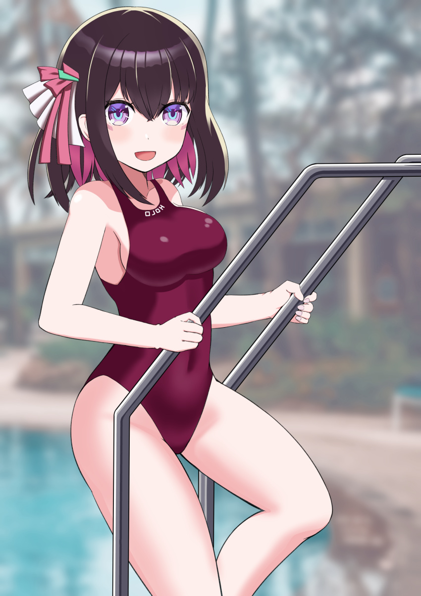 1girl, azki_(hololive), black_hair, blurry, blurry_background, breasts, collarbone, commentary_request