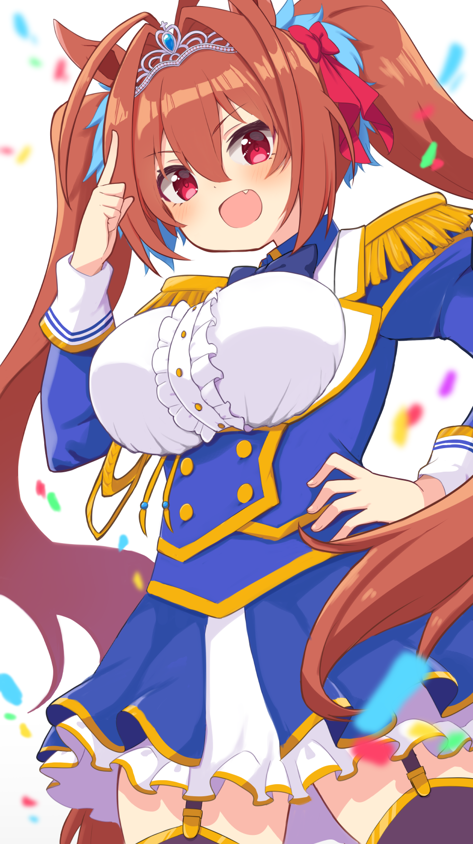 1girl, animal_ears, antenna_hair, blush, bow, breasts, brown_hair, daiwa_scarlet_(umamusume), eyebrows_visible_through_hair, fang, hair_bow, hair_intakes, hand_on_hip, highres, horse_ears, horse_girl, large_breasts, long_hair, long_sleeves, looking_at_viewer, open_mouth, pink_eyes, rakisutakonakona, red_bow, smile, solo, tiara, twintails, umamusume