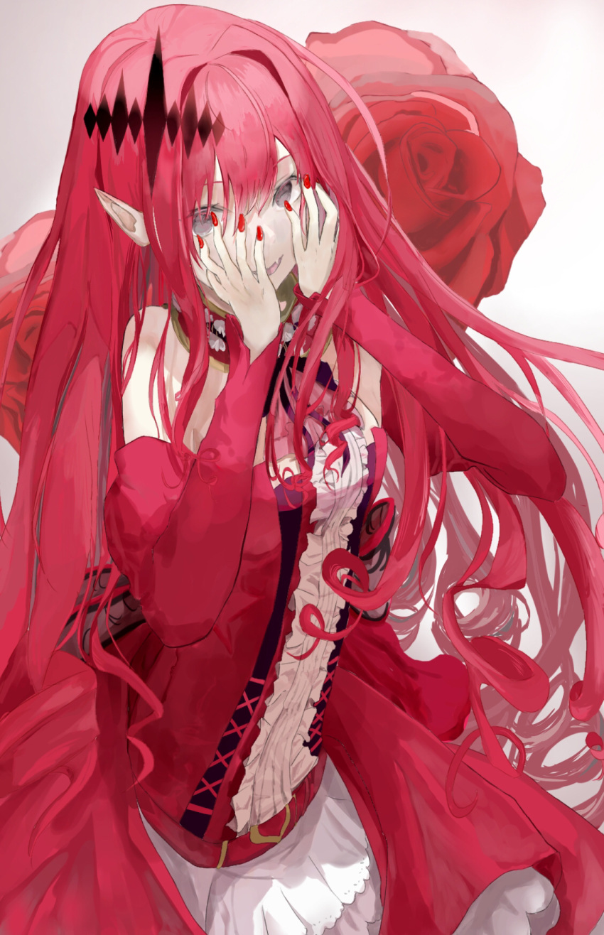 1girl, bangs, bare_shoulders, breasts, center_frills, covering_face, detached_collar, detached_sleeves, dress, fairy_knight_tristan_(fate), fate/grand_order, fate_(series), flower, frills, grey_eyes, highres, kukimaru_(pixiv49247046), large_breasts, long_hair, looking_at_viewer, open_mouth, pink_hair, pointy_ears, red_dress, rose, sidelocks, smile, tiara