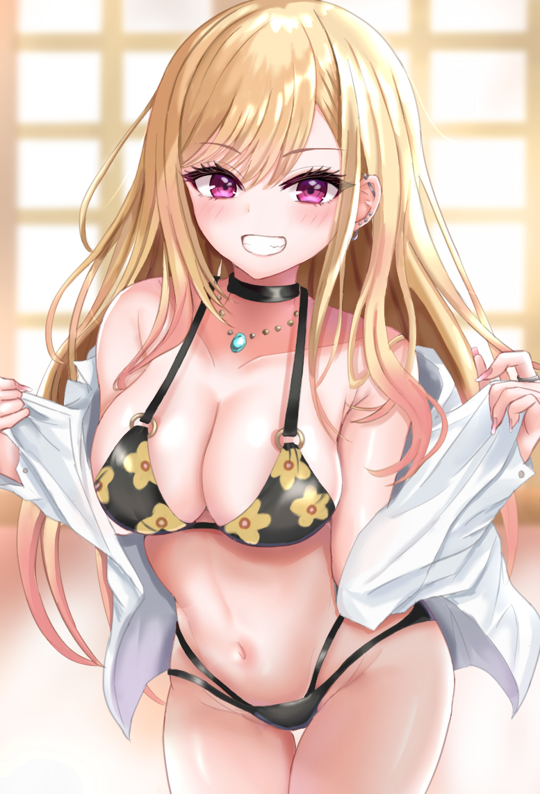 1girl, ana_(vvvvor), bead_bracelet, beads, bikini, black_bikini, black_choker, blonde_hair