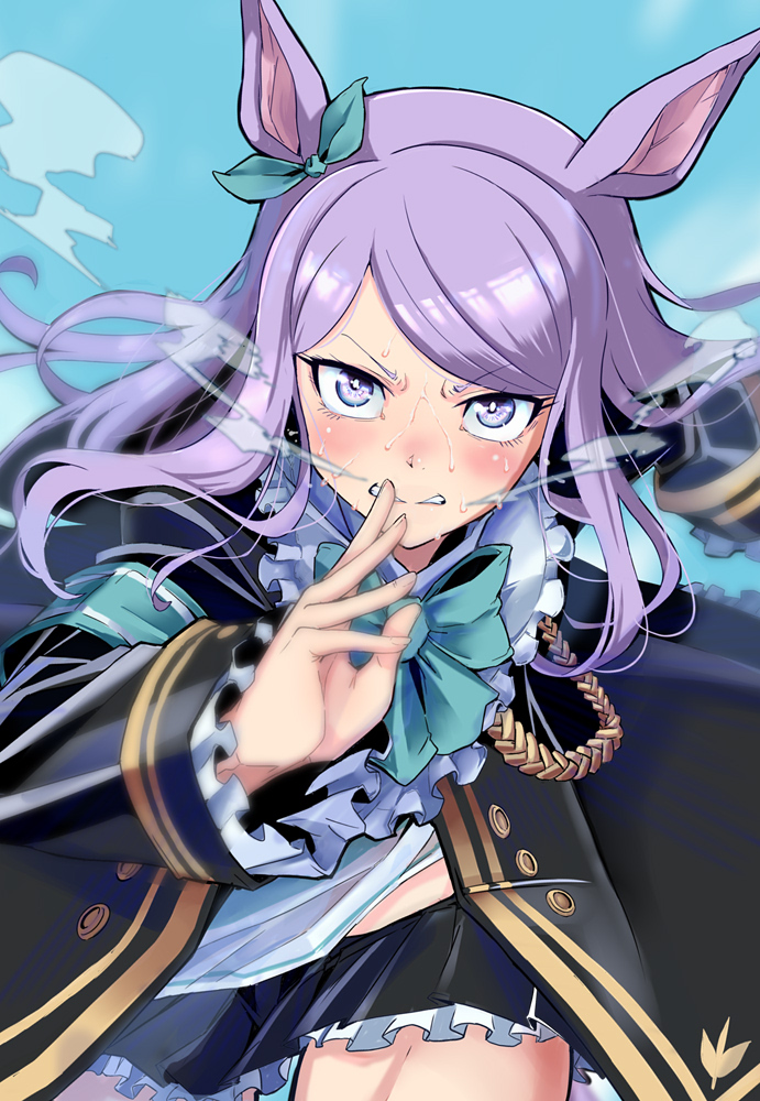 1girl, bangs, black_jacket, black_skirt, blue_sky, blush, boots, bow