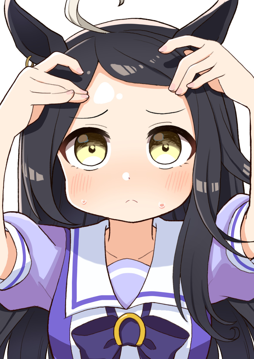 1girl, adjusting_hair, ahoge, animal_ears, bangs, black_hair, eyebrows_visible_through_hair, highres