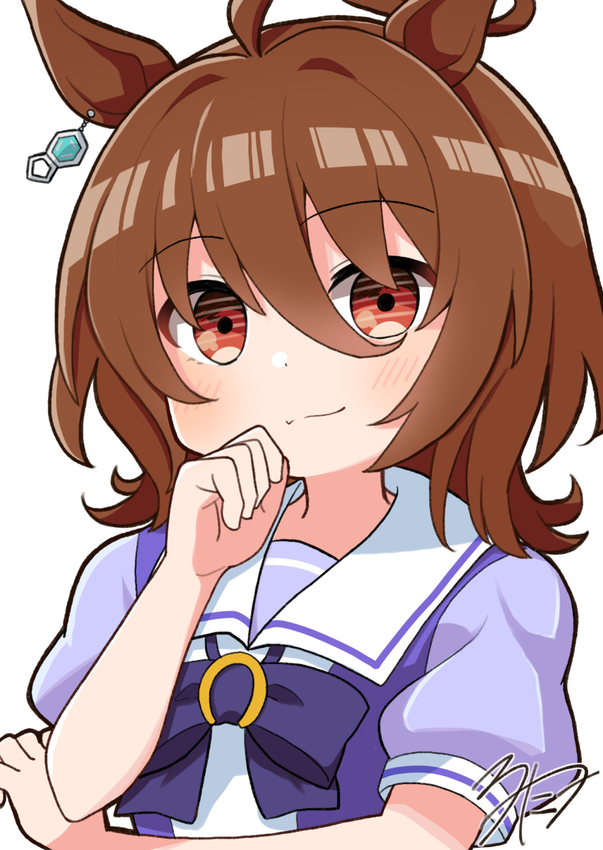 1girl, agnes_tachyon_(umamusume), ahoge, animal_ears, blush, brown_eyes, brown_hair, closed_mouth