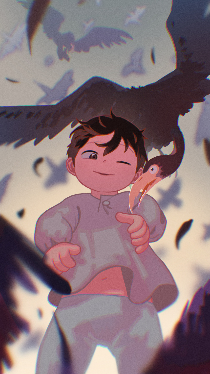 1boy, absurdres, bird, black_eyes, blurry, blurry_foreground, bojji, child, feet_out_of_frame, flying, from_below, hair_strand, highres, male_focus, midriff_peek, navel, one_eye_closed, ousama_ranking, pajamas, short_hair, smile, solo, tsuzawa_nao, wind