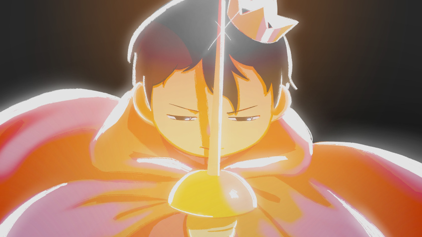 1boy, black_eyes, bojji, child, crown, fighting_stance, frown, hair_strand