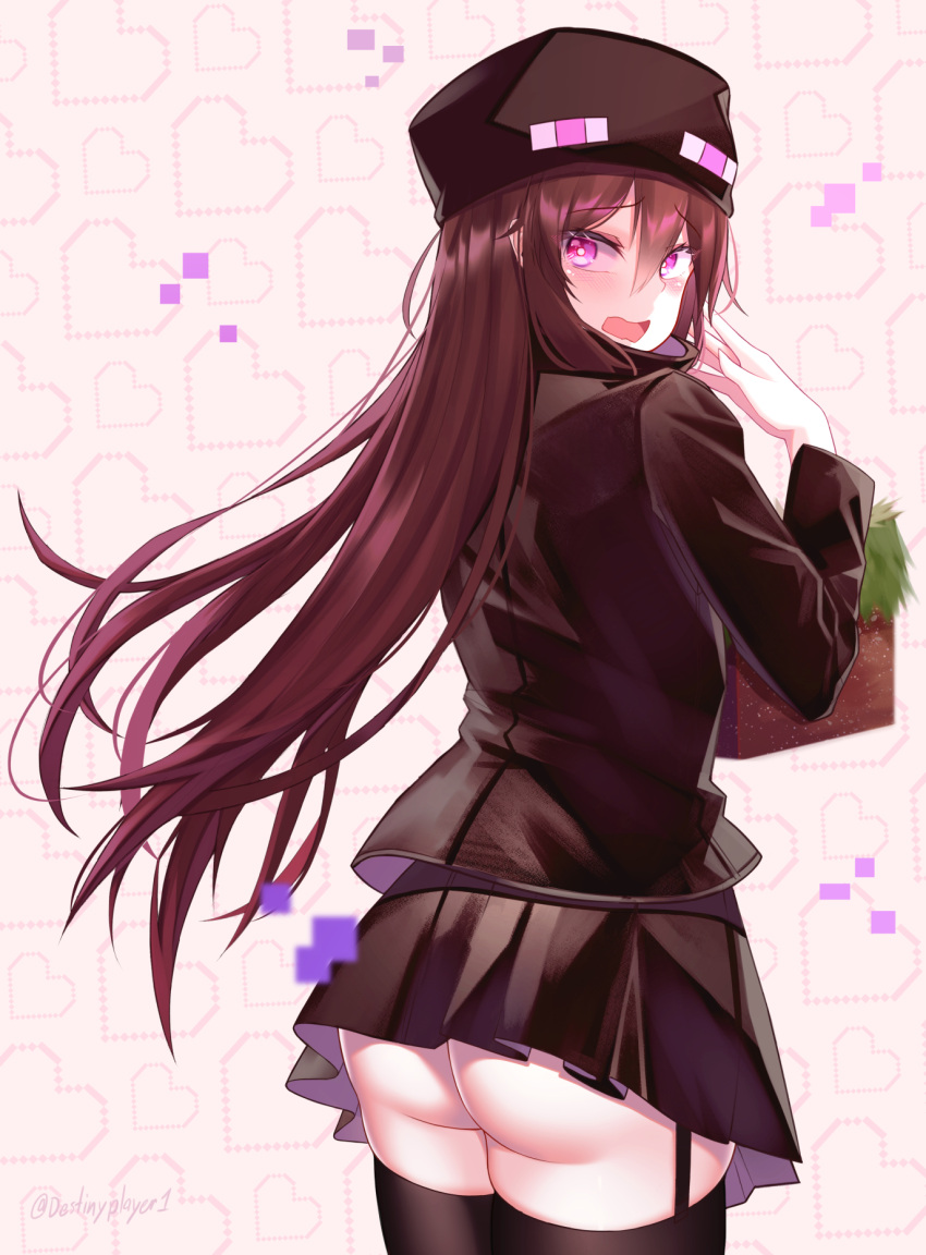 1girl, ander_(at2.), ass, black_legwear, black_skirt, blush, borrowed_character, brown_hair, destinyplayer1, embarrassed, enderman, eyebrows_visible_through_hair, from_behind, garter_straps, highres, long_hair, long_sleeves, looking_at_viewer, minecraft, open_mouth, personification, pleated_skirt, skirt, solo, thigh-highs, violet_eyes