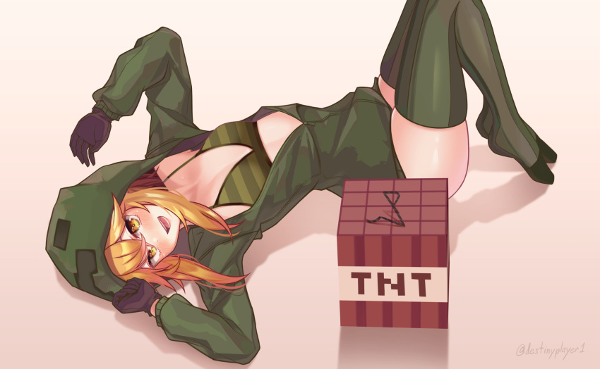 1girl, bikini, black_gloves, borrowed_character, breasts, creeparka, creeper, cupa_(at2.)
