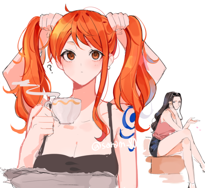 2girls, ?, bare_shoulders, black_hair, camisole, collarbone, crossed_legs, cup