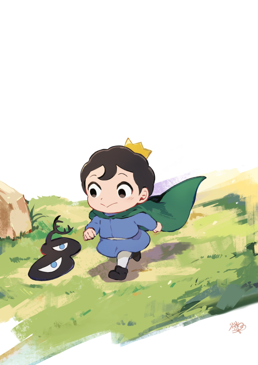 1boy, absurdres, black_eyes, blush, bojji, cape, child, creature, crown, full_body, grass, green_cape, hair_strand, highres, male_focus, ousama_ranking, running, shadow_(ousama_ranking), shoes, short_hair, smile, socks, toukashi_(2tou9)
