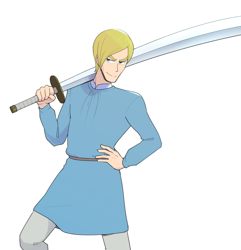 1boy, aboutama, alternate_hairstyle, blonde_hair, blue_eyes, domas, feet_out_of_frame, hand_on_hip, long_sword, male_focus, ousama_ranking, over_shoulder, short_hair, smile, solo, sword, sword_over_shoulder, thick_eyebrows, weapon, weapon_over_shoulder, white_background