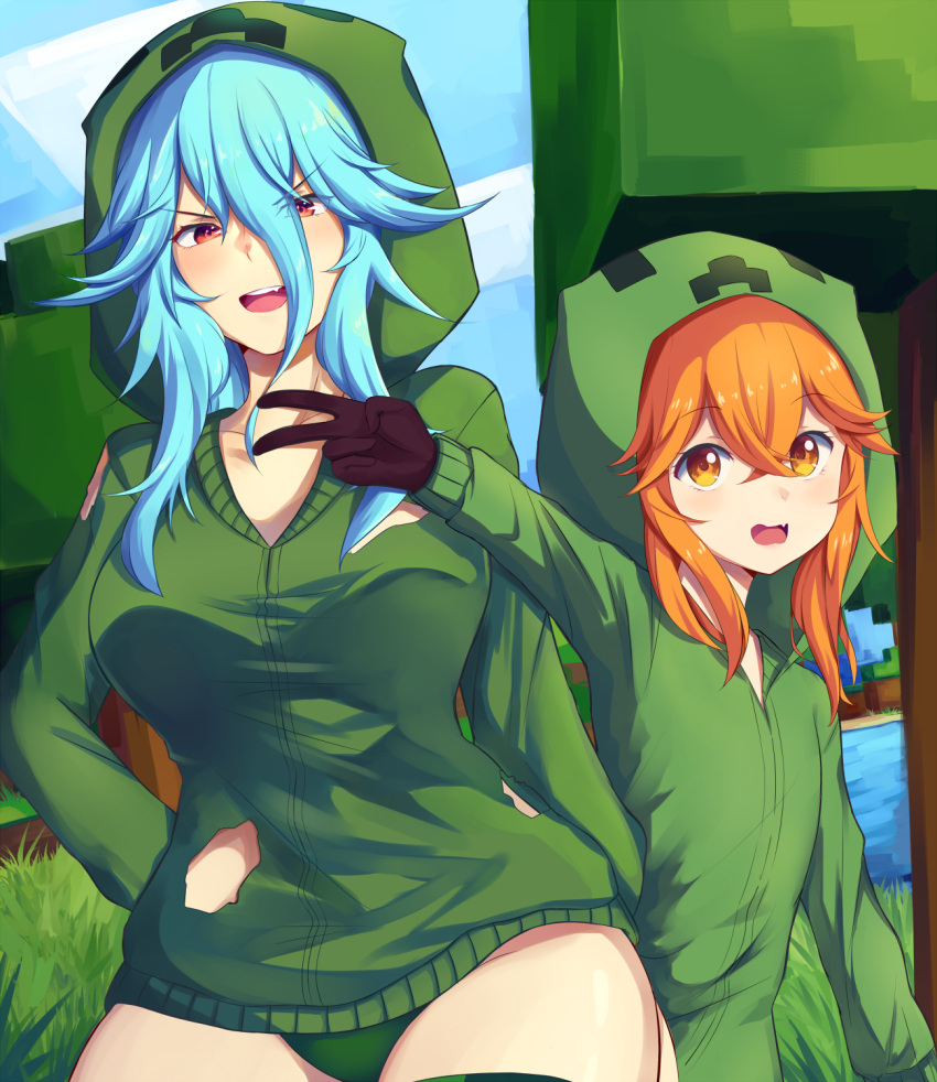 2girls, black_gloves, blue_hair, blush, borrowed_character, breasts, charged_creeper, collarbone, creeper, cupa_(at2.), day, eyebrows_visible_through_hair, fang, gloves, green_hoodie, green_panties, highres, hood, hood_up, hoodie, large_breasts, long_hair, looking_at_viewer, medium_hair, minecraft, multiple_girls, open_mouth, oppaniichan, orange_eyes, orange_hair, outdoors, panties, personification, red_eyes, skin_fang, smile, teeth, torn_hoodie, underwear, upper_teeth, v