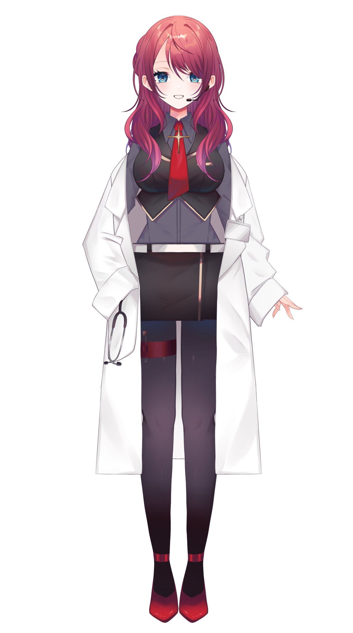 1girl, black_skirt, black_vest, blue_eyes, breasts, collared_shirt, grey_shirt, hair_behind_ear, highres, hoshina_sei, indie_virtual_youtuber, kom0980, labcoat, large_breasts, long_hair, necktie, off_shoulder, official_art, open_hand, pantyhose, red_necktie, redhead, shirt, skirt, sleeves_past_fingers, sleeves_past_wrists, smile, solo, stethoscope, thigh_strap, vest, virtual_youtuber, white_background