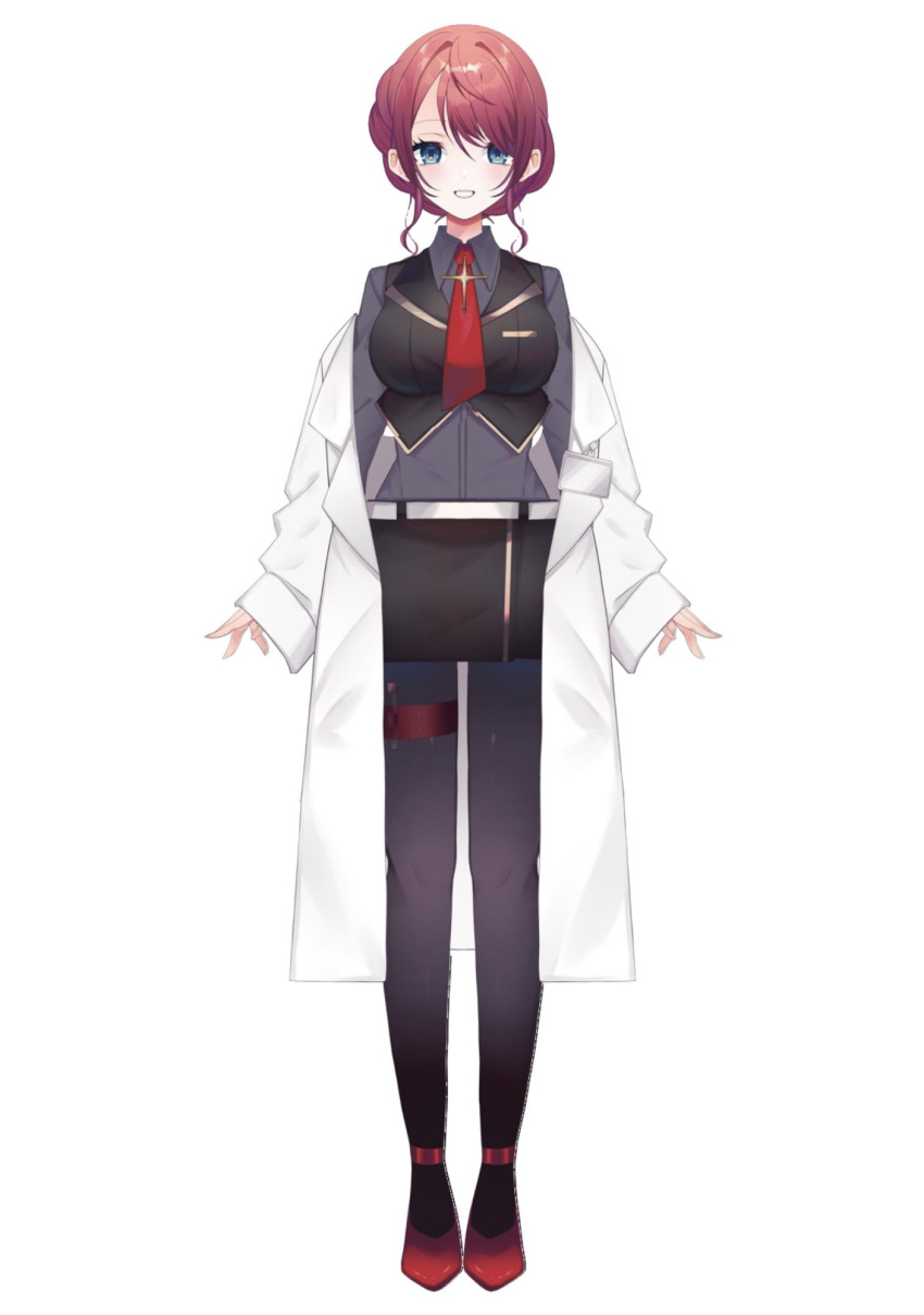 1girl, black_skirt, black_vest, blue_eyes, breasts, collared_shirt, grey_shirt, hair_behind_ear