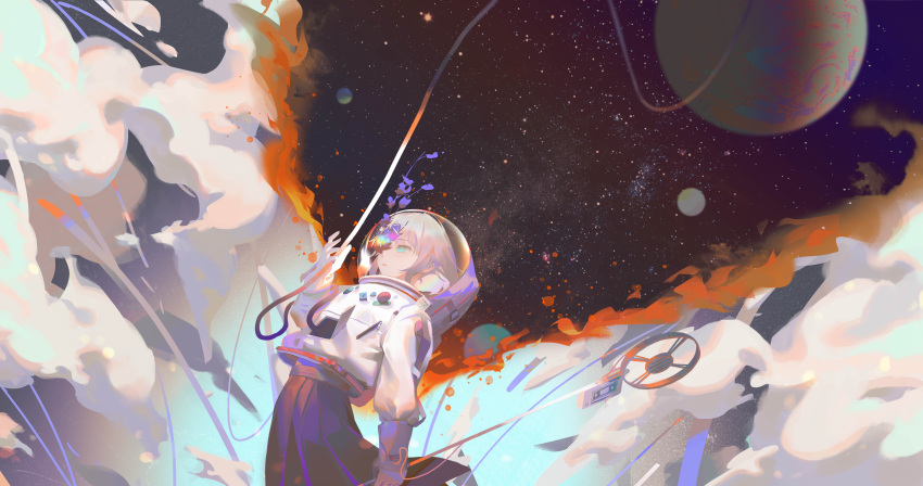 1girl, absurdres, black_skirt, blue_eyes, chinese_commentary, clouds, commentary_request, cracked_glass, fire, flower, gloves, grey_hair, highres, long_sleeves, one_eye_covered, original, parted_lips, planet, pleated_skirt, purple_flower, short_hair, skirt, solo, space, space_helmet, spacesuit, star_(sky), tsuioku_(908026270), white_gloves