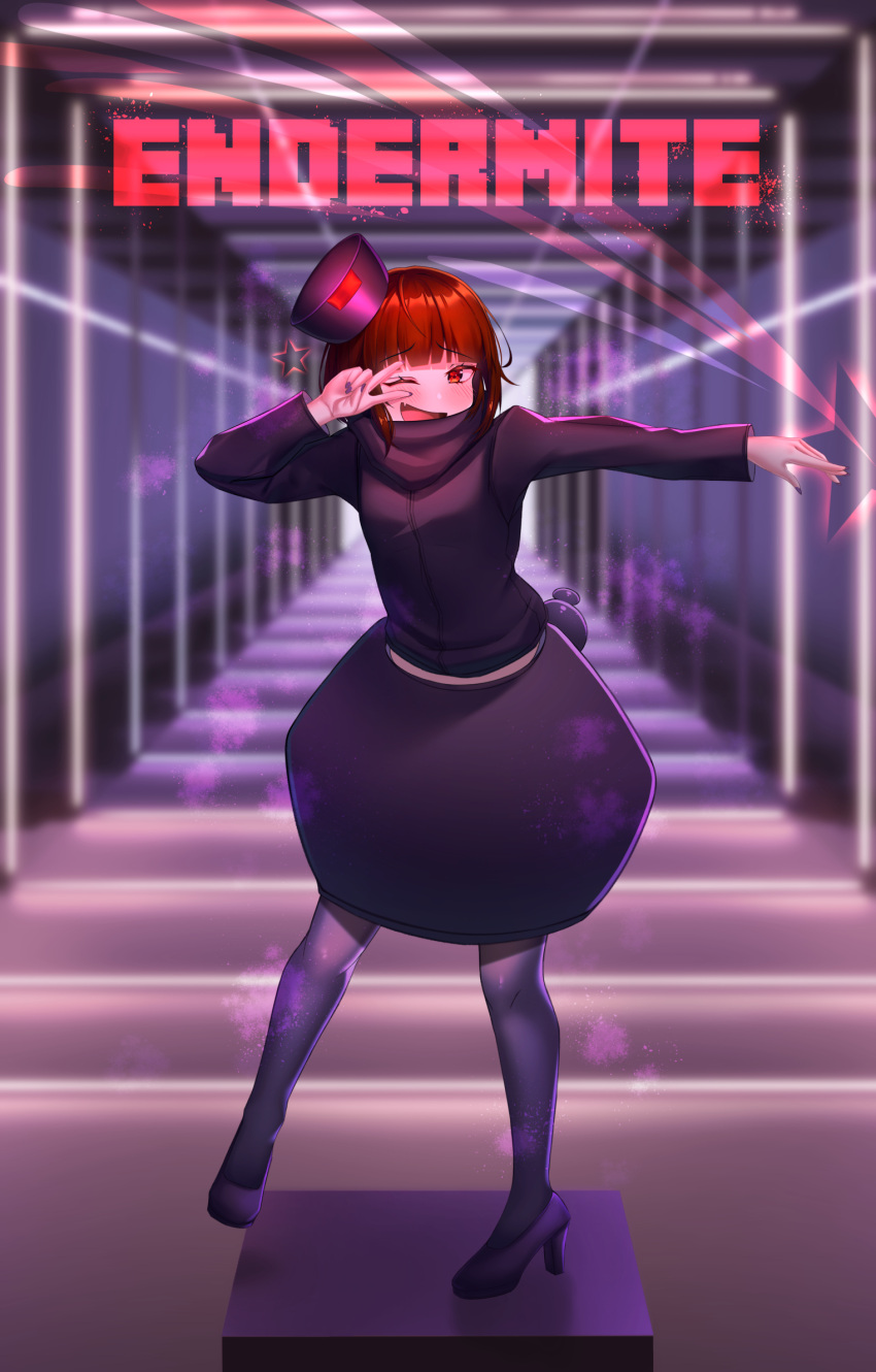 1girl, bangs, black_footwear, black_legwear, black_skirt, blunt_bangs, blush, borrowed_character