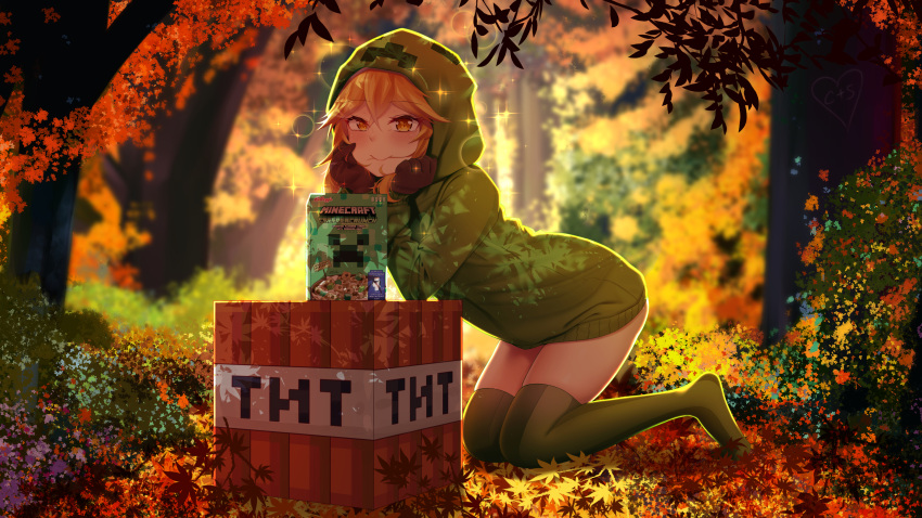 1girl, black_gloves, blush, borrowed_character, closed_mouth, commentary, creeparka, creeper