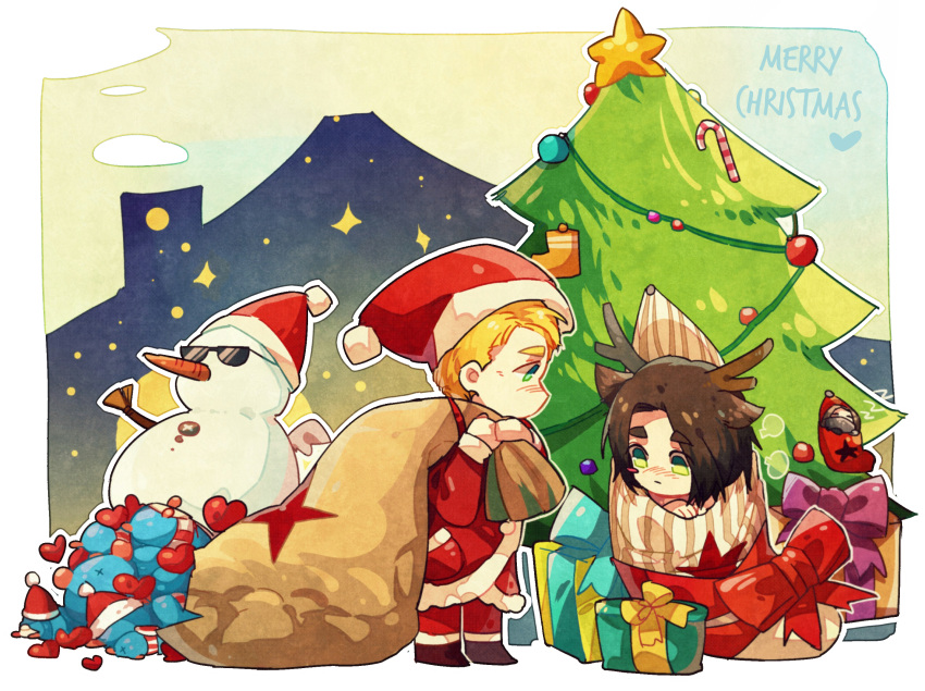 2boys, antlers, blonde_hair, blush, bow, brown_hair, captain_america_(series), chibi