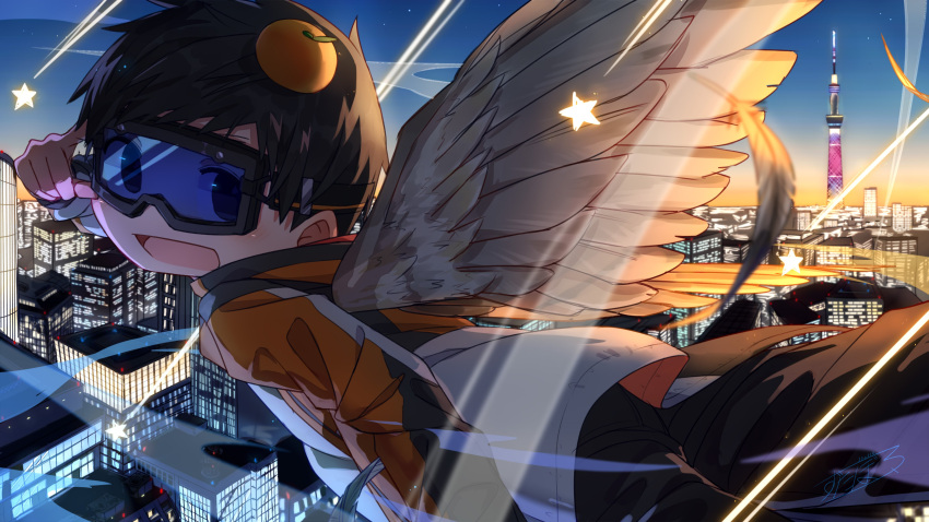1boy, absurdres, building, child, city, city_lights, cityscape, close-up, commentary_request, flying, highres, looking_at_viewer, night, open_mouth, original, outdoors, scenery, sky, skyline, skyscraper, wings, zutabo2