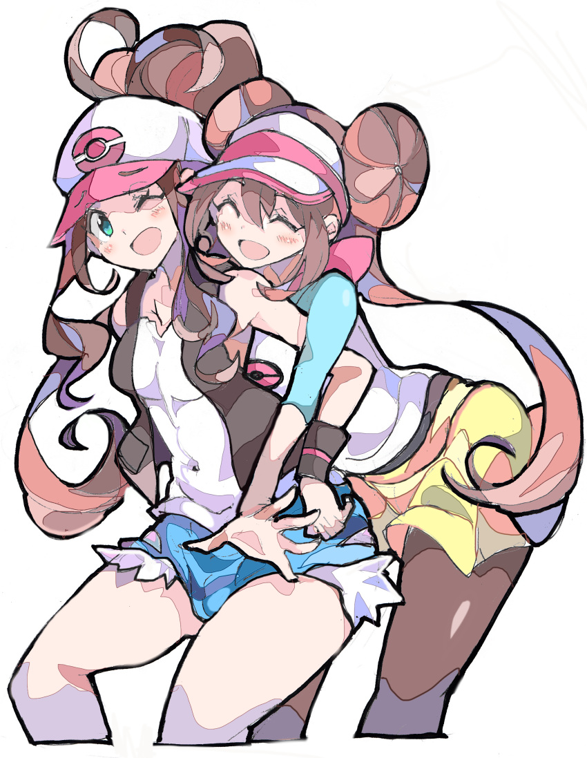 2girls, absurdres, bare_legs, baseball_cap, black_legwear, black_vest, blue_eyes, brown_hair