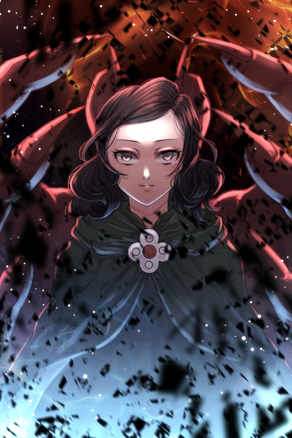 1girl, brown_eyes, brown_hair, cape, debris, demon, eyelashes, fingernails, giant, green_cape, highres, medium_hair, miranjo, ousama_ranking, papirorooru, scene_reference, sharp_fingernails, smile, solo, spoilers, upper_body