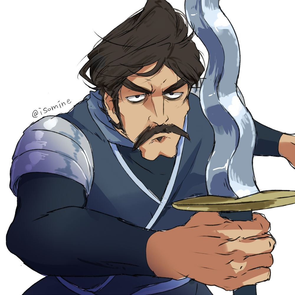 1boy, armor, bebinn, black_eyes, child, facial_hair, fighting_stance, frown