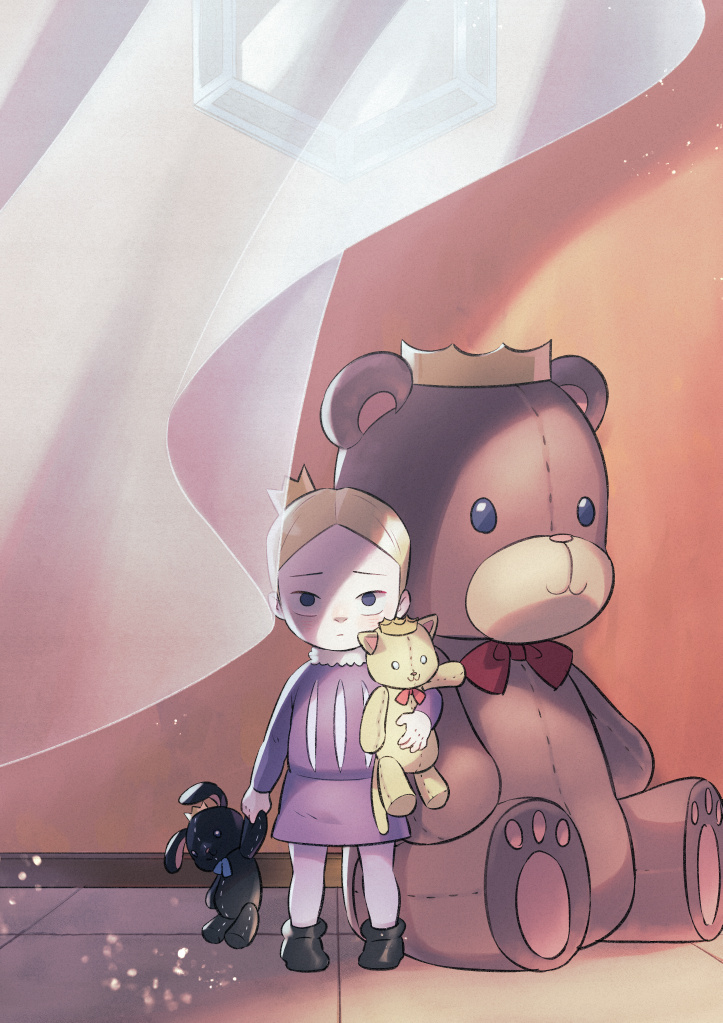 1boy, blonde_hair, blue_eyes, bosse_(ousama_ranking), character_doll, child, crown, curtains