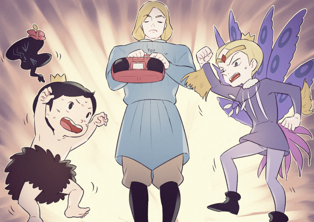 >_<, 2boys, 3boys, black_eyes, blonde_hair, blue_eyes, bojji, bosse_(ousama_ranking)