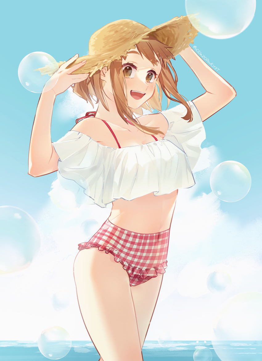 1girl, :d, absurdres, bikini, blue_sky, boku_no_hero_academia, brown_eyes, brown_hair