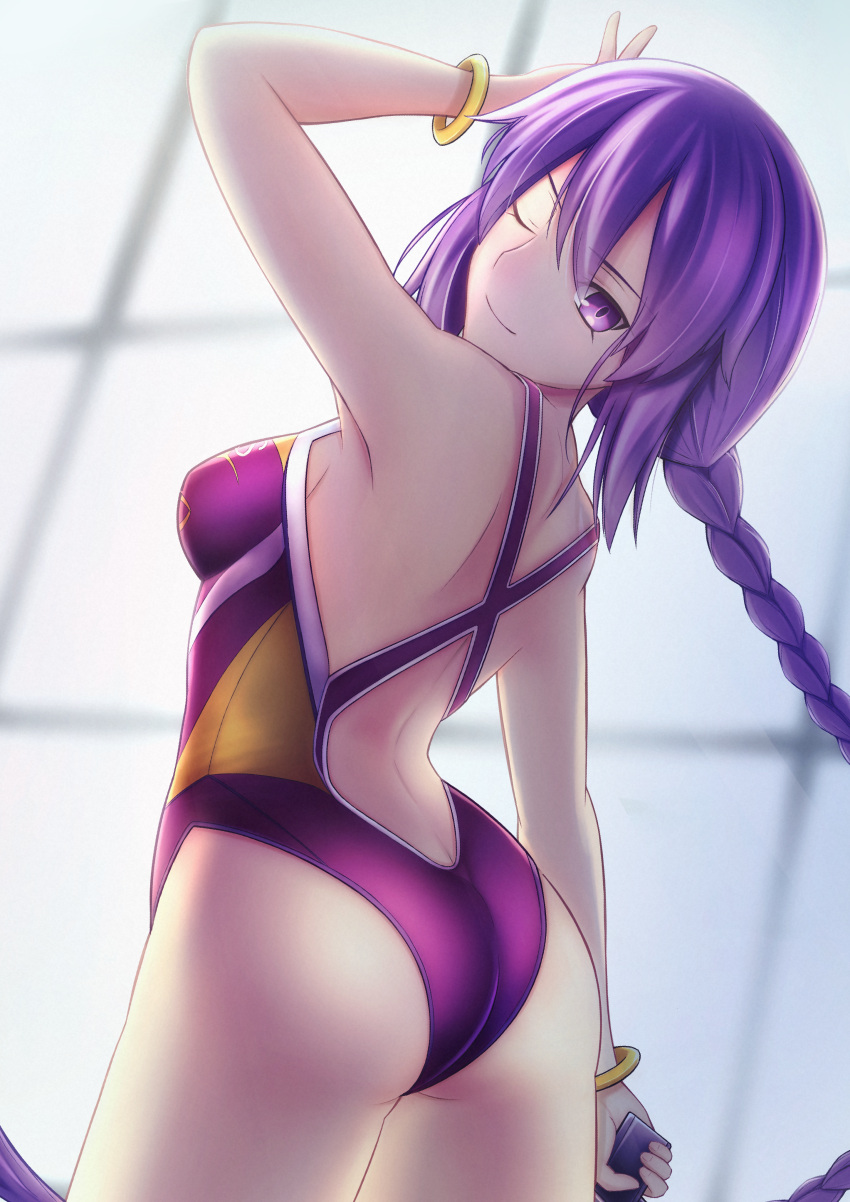 1girl, ;), absurdres, arm_up, ass, backless_swimsuit, bangs, bare_arms