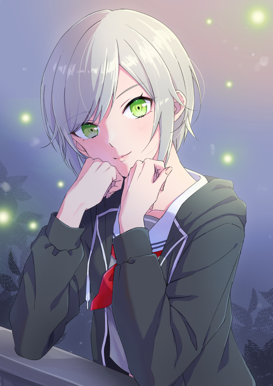 1girl, cardigan, circuit58, closed_mouth, collared_shirt, green_eyes, grey_cardigan, highres, hinomori_shiho, long_sleeves, looking_at_viewer, neckerchief, open_cardigan, open_clothes, project_sekai, red_neckerchief, sailor_collar, sailor_shirt, shiny, shiny_hair, shirt, short_hair, silver_hair, smile, solo, upper_body, white_sailor_collar, white_shirt