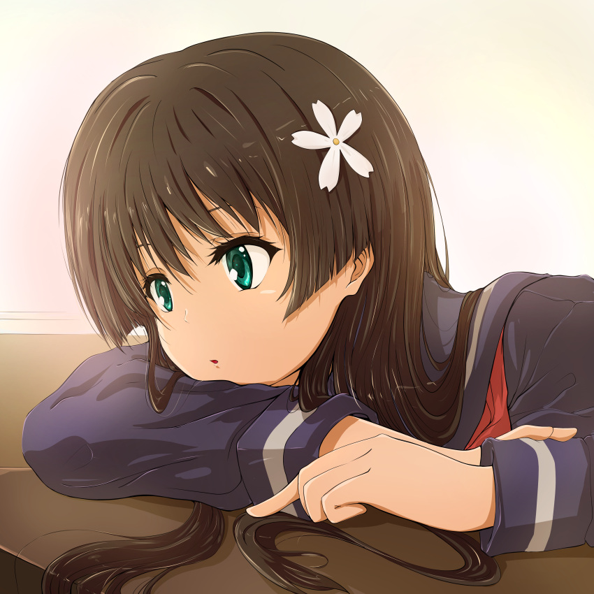 1girl, absurdres, bangs, blue_sailor_collar, blue_serafuku, blue_shirt, brown_hair, collared_shirt