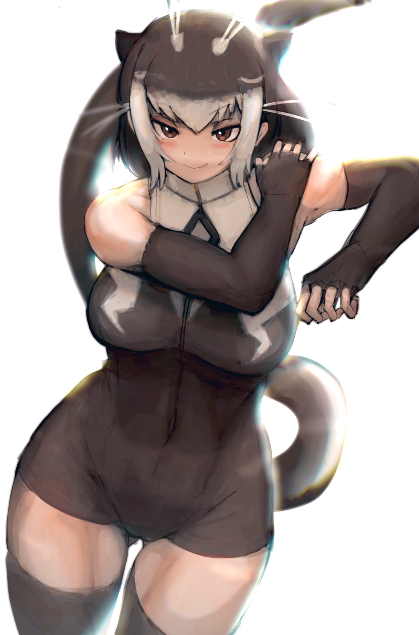 1girl, :q, alternate_breast_size, animal_ears, antenna_hair, arm_up, backlighting, bangs