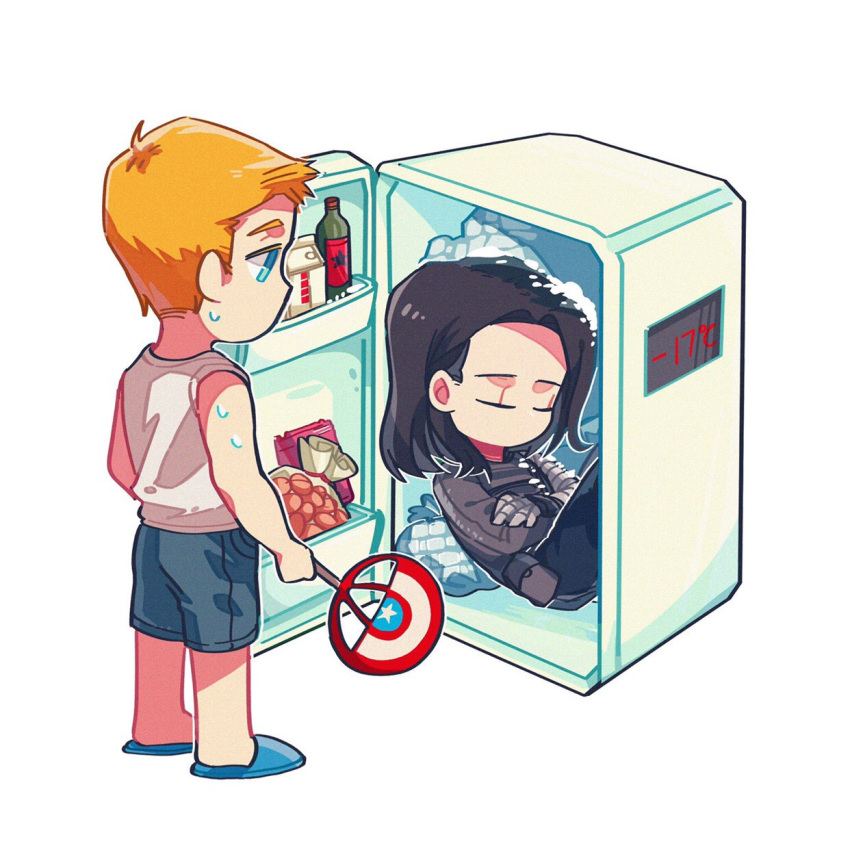 2boys, blonde_hair, brown_hair, captain_america:_the_winter_soldier, captain_america_(series), chibi, hand_fan, highres