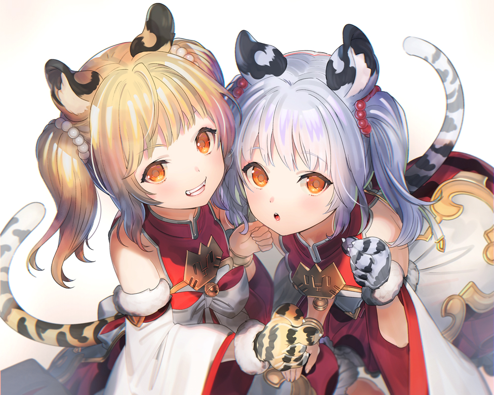2girls, animal_ears, animal_hands, bai_(granblue_fantasy), bare_shoulders, blonde_hair, cidala_(granblue_fantasy), detached_sleeves