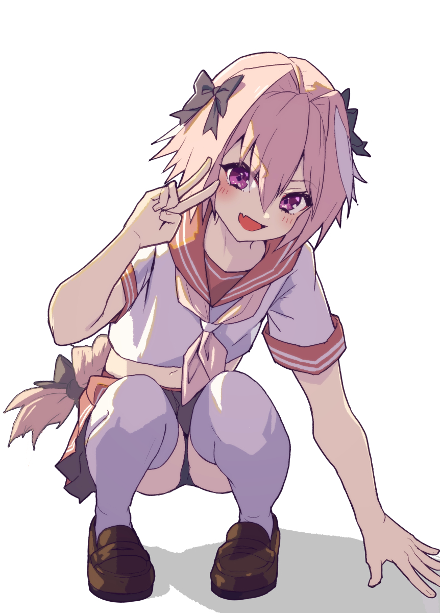 1boy, astolfo_(fate), bangs, blush, bow, braid, crop_top, crossdressing